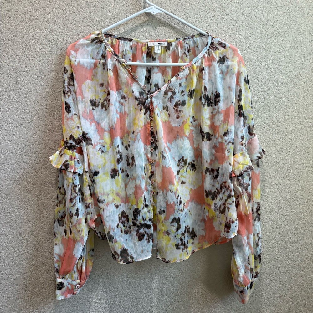 Amuse Society Colorful Button-Down Ruffle Blouse
